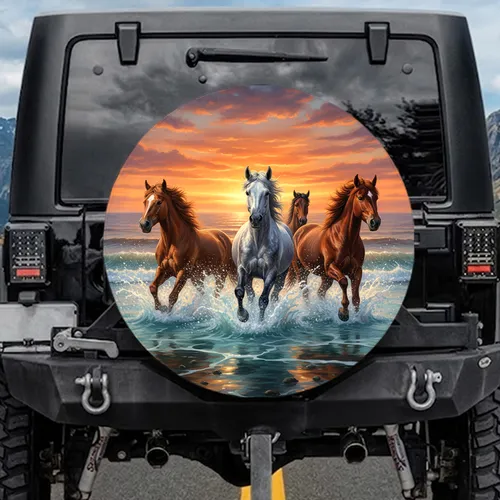 Wild Horses Ocean Gallop Sunset - Wildlife Lover Gift for Adventure Spare Tire Cover