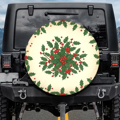 Holly Botanical Tapestry Red Berries Green Leaves - Christmas Holiday Decor Gift Spare Tire Cover