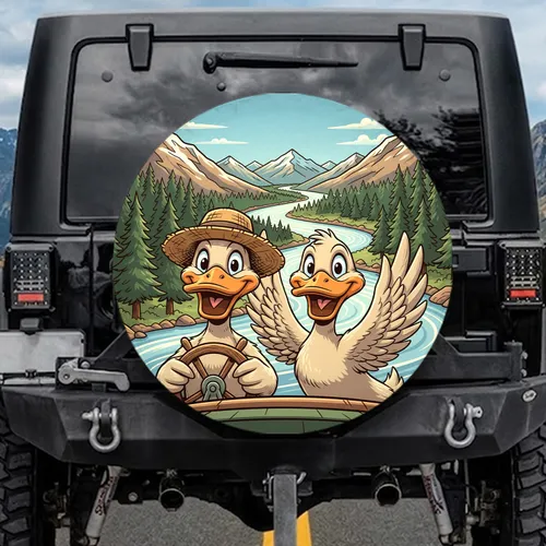 Ducks Steering Wheel Waving Duck Pine Forests Mountains Blue Sky - Road Trip Travel Essential Spare Tire Cover