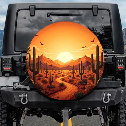 Desert Landscape Sunset Path Saguaro Cacti - Travel Essentials Desert Lover Gift Spare Tire Cover