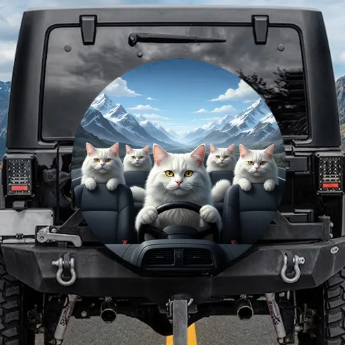 White Cat Driving Group of Cats Mountain Road Vista - Road Trip Adventure for Cat Lovers Spare Tire Cover