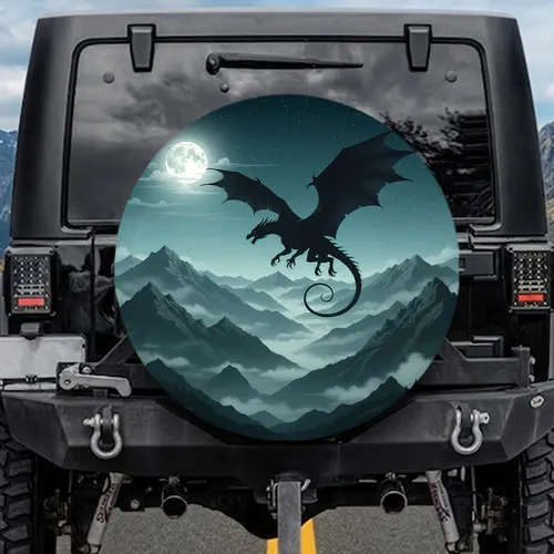 Majestic Dark Dragon Wings Night Sky Full Moon Mountain Peaks - Fantasy Lover Gift Spare Tire Cover