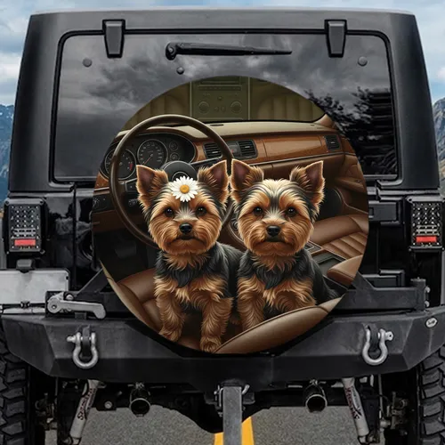 Yorkshire Terriers White Flower Luxury Car Interior - Pet Lover Vehicle Decor Spare Tire Cover