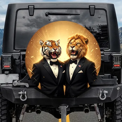 Laughing Tiger Lion Tuxedo American Flag - Independence Day Gift for Veterans Spare Tire Cover