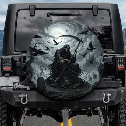 Grim Reaper Scythe Moon Ravens - Gothic Decor Gift for Dark Fantasy Fan Spare Tire Cover