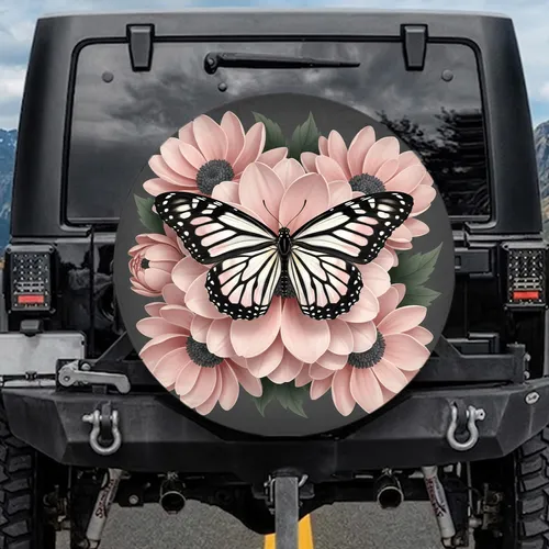 Monarch Butterfly Pink Multi-petal Flowers Foliage - Wildlife Lover Garden Home Decor Spare Tire Cover