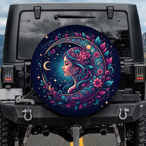 Woman Profile Crescent Moon Star Floral Botanical - Home Decor Gift for Lunar Lover Spare Tire Cover