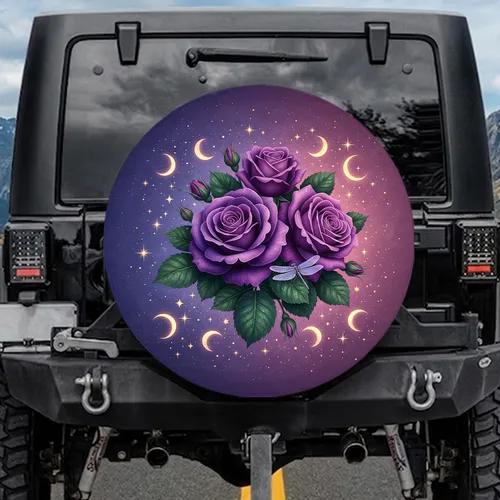 Purple Roses Dragonfly Crescent Moon Celestial Twilight - Home Decor Gift for Garden Lover Spare Tire Cover