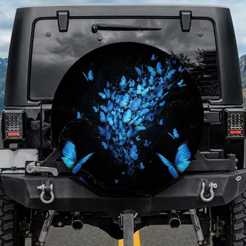 Iridescent Azure Sapphire Butterflies Swarm on Deep Black - Wildlife Lover Gift Spare Tire Cover