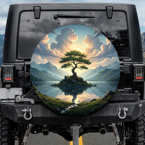 Solitary Tree Mountain Lake Valley - Nature Lover Home Decor Gift Spare Tire Cover