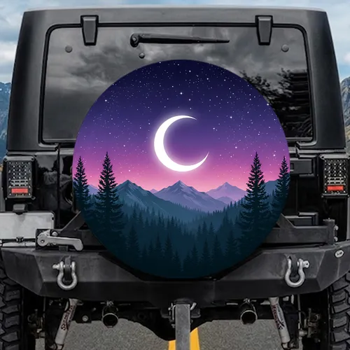 Majestic Crescent Moon Pine Trees Mountain Night Sky - Outdoor Lifestyle Gift Spare Tire Cover