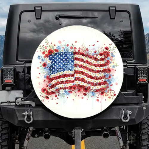 Watercolor Flower American Flag Forget-Me-Not - Independence Day Gift for Veterans Spare Tire Cover