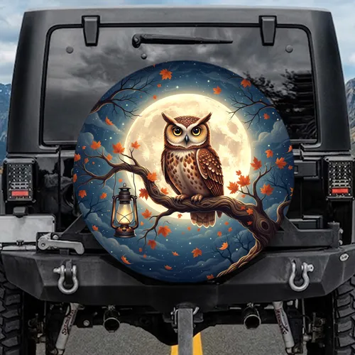 Owl Full Moon Autumn Leaves Lantern - Autumn Night Sky Decor Gift Spare Tire Cover