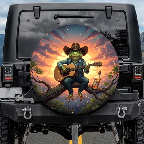 Cowboy Frog Guitar Sunset - Outdoor Music Lover Gift Spare Tire Cover