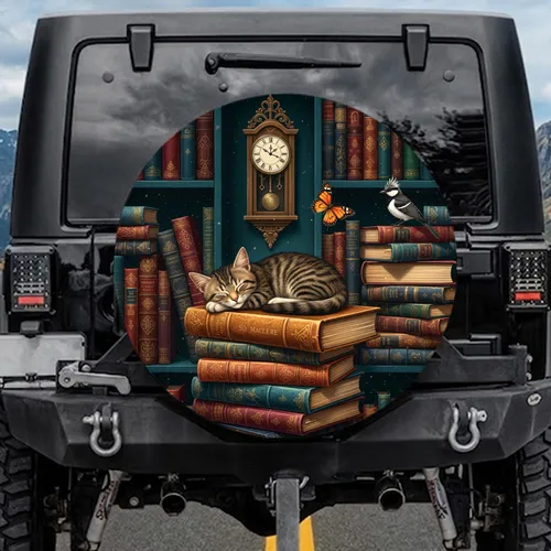 Sleeping Tabby Cat Vintage Books Library - Home Decor Gift for Cat Lover Spare Tire Cover