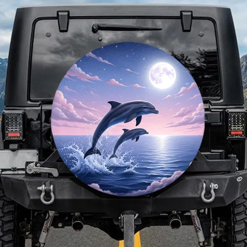 Dolphins Leaping Moon Ocean Stars - Wildlife Lover Gift Spare Tire Cover
