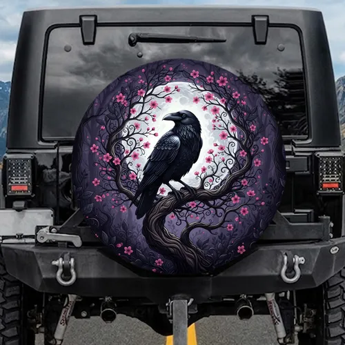 Black Raven Full Moon Cherry Blossoms - Gothic Decor Gift for Raven Lover Spare Tire Cover