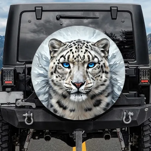 Snow Leopard Electric Blue Eyes White Grey Fur Cold Mountain Habitat - Wildlife Lover Gift Spare Tire Cover