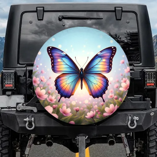 Magnificent Iridescent Butterfly Pink Blossoms - Outdoor Vehicle Decor for Butterfly Lover Spare Tire Cover