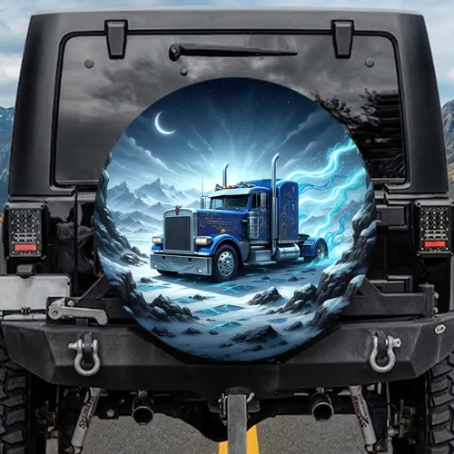 Long-Nose Semi-Truck Icy Landscape Crescent Moon - Vehicle Decor Gift Spare Tire Cover