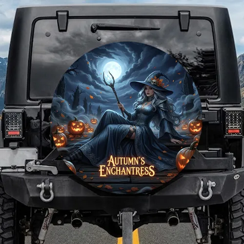 Sorceress Witch Hat Skull Jack-o'-lanterns Spectral Trees Autumn Moon - Halloween Party Gift Spare Tire Cover