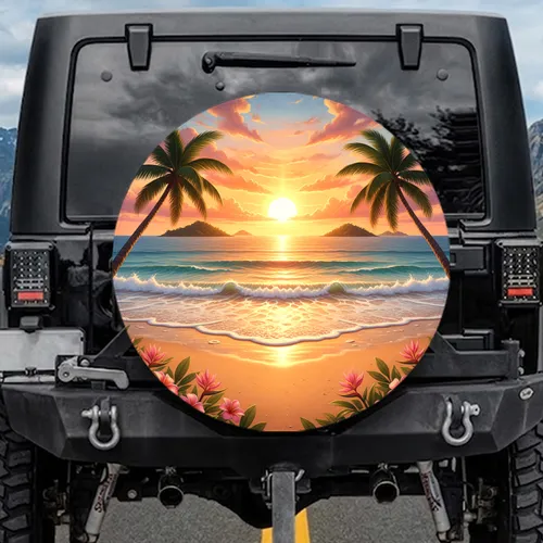 Tropical Beach Sunset Palm Trees Pink Flowers Ocean Waves - Adventure Travel Gift Spare Tire Cover