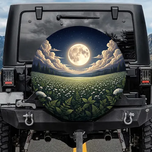Glowing Full Moon Starry Night White Wildflowers - Home Decor Gift Spare Tire Cover