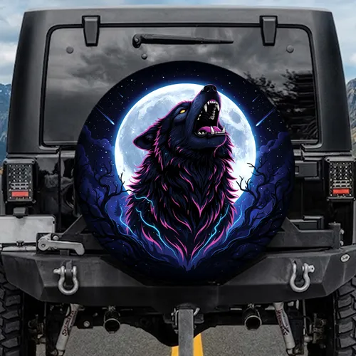 Neon Wolf Howling Glowing Eyes Full Moon - Wildlife Lover Gift Spare Tire Cover