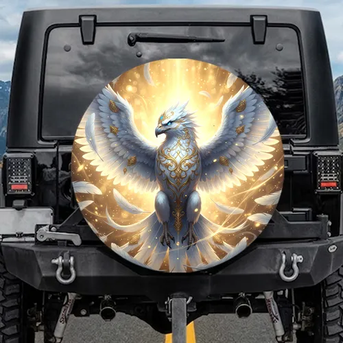 White Griffin Golden Filigree Luminous Blue Eyes - Fantasy Lover Gift Spare Tire Cover
