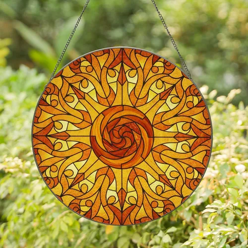 Stained Glass Sun Spiral Rays Celestial Swirls Mosaic - Home Decor Gift Stained Glass Suncatcher