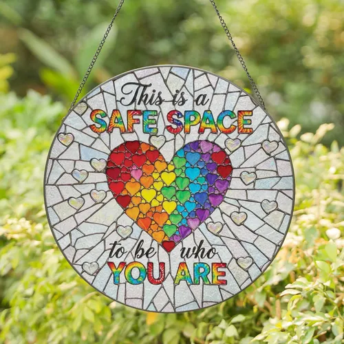 Rainbow Heart Safe Space Statement - Home Decor Gift for Authenticity Stained Glass Suncatcher