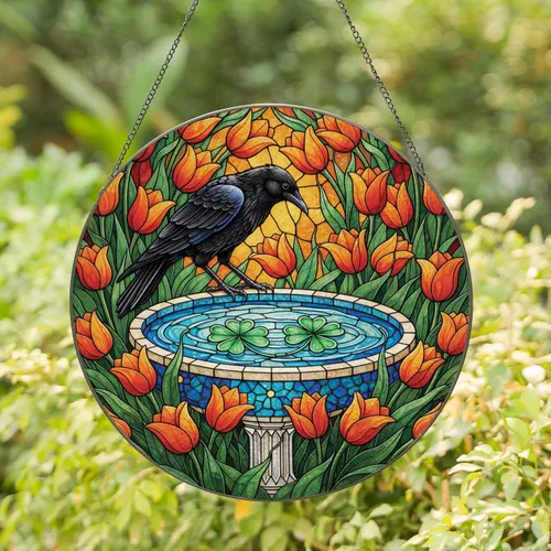 Black Raven Four Leaf Clover Tulips Bird Bath - Home Decor Gift for Garden Lover Stained Glass Suncatcher