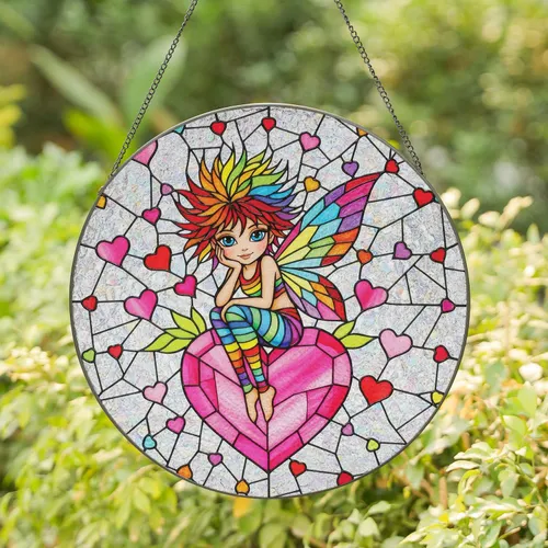 Fairy Rainbow Segmented Wing Pink Heart Floating Hearts - Home Decor Gift Stained Glass Suncatcher