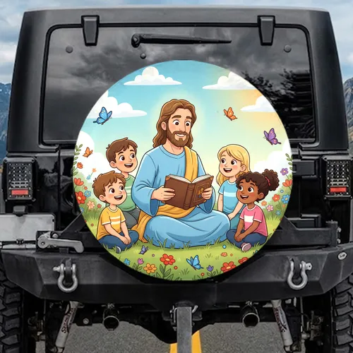 Jesus and Children Wildflower Meadow - Religious Faith Gift for Believers Spare Tire Cover