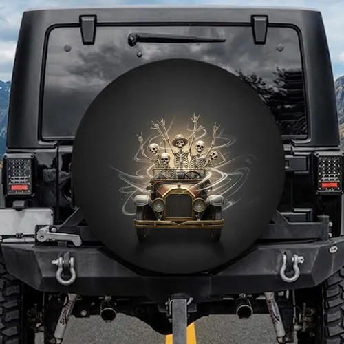 Ecstatic Skeletons Antique Roadster Ride - Road Trip Gift for Car Lovers Spare Tire Cover