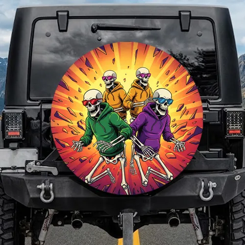Four Skeletons Vibrant Hoodies Sunglasses Sunset - Road Trip Adventure Gift Spare Tire Cover