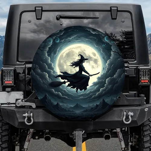 Witch on Broomstick Full Moon Storm Clouds - Halloween Party Fantasy Lover Spare Tire Cover
