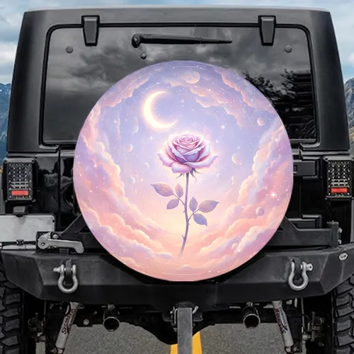 Rose Blossom Crescent Moon Cosmic Dust Star Trails Nebulae - Celestial Home Decor Gift Spare Tire Cover