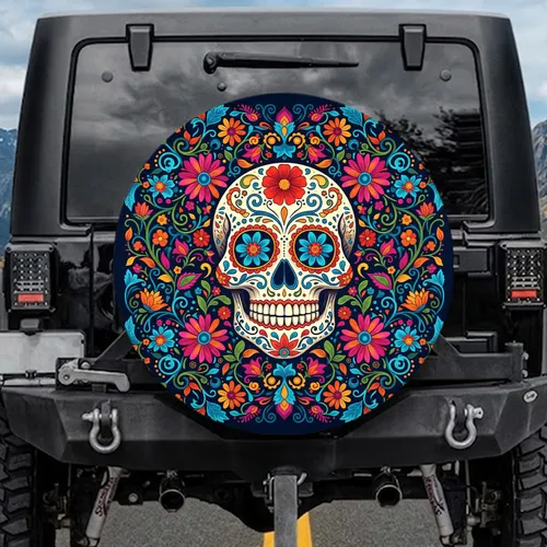 Calavera Sugar Skull adorned with Flowers and Swirling Vines - Boho Home Decor Gift Spare Tire Cover