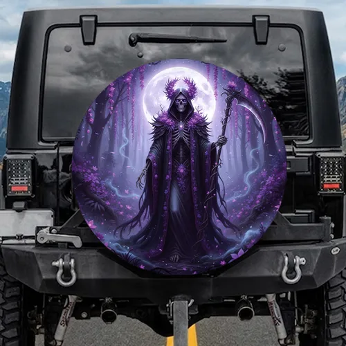 Skeletal Figure Scythe Purple Flora Moon Forest - Fantasy Lover Gift Spare Tire Cover