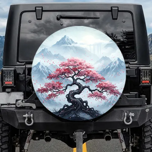 Cherry Blossom Tree Petals Mountain Peaks Full Moon - Scenic Outdoor Lover Gift Spare Tire Cover