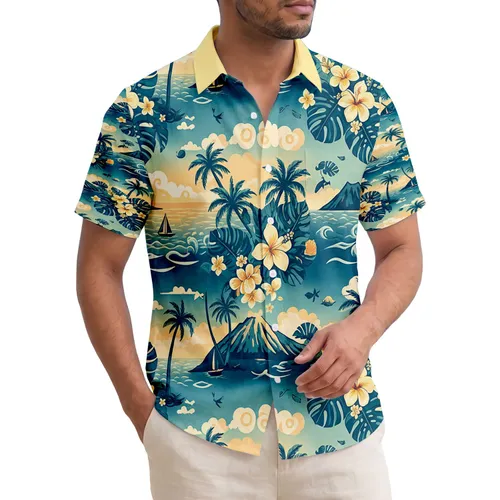 Palm Tree Island Sailboat Volcano Tropical Flowers - Travel Essentials Gift Hawaiian Shirt