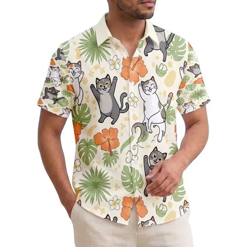 Dancing Cats Hibiscus Monstera Palm Fronds - Tropical Home Decor Cat Lover Gift Hawaiian Shirt