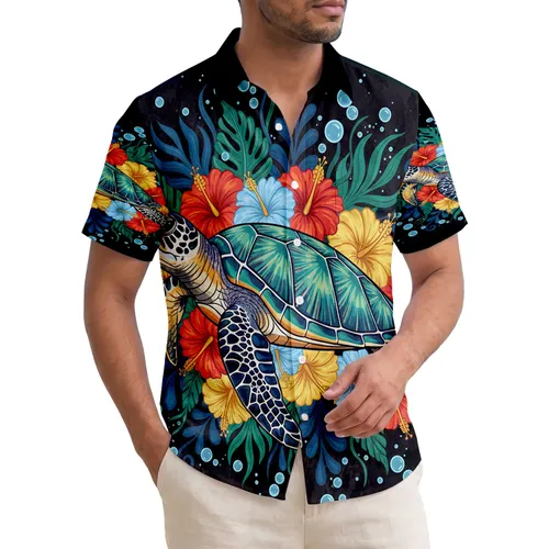 Sea Turtle Hibiscus Underwater Plants Black Background - Ocean Lover Gift Hawaiian Shirt