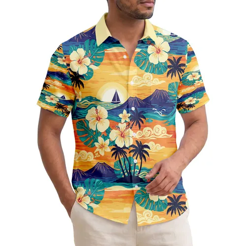Palm Tree Island Sailboat Sunset Hibiscus - Home Decor Gift for Ocean Lover Hawaiian Shirt