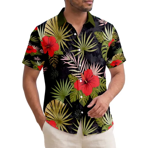 Red Hibiscus Pink Leaves Fan Palm Fronds Tropical Foliage Home Decor Gift Hawaiian Shirt