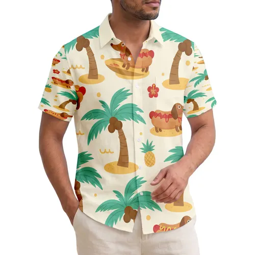 Comical Dachshund Hotdog Mustard Ketchup Sandy Palm Tree Tropical Gift for Dog Lover Hawaiian Shirt