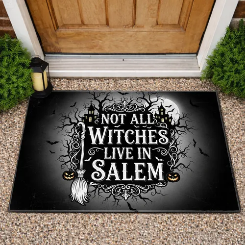 Salem Witch Text Broom Mansion Bats - Halloween Home Decor Gift for Witch Lover Doormat