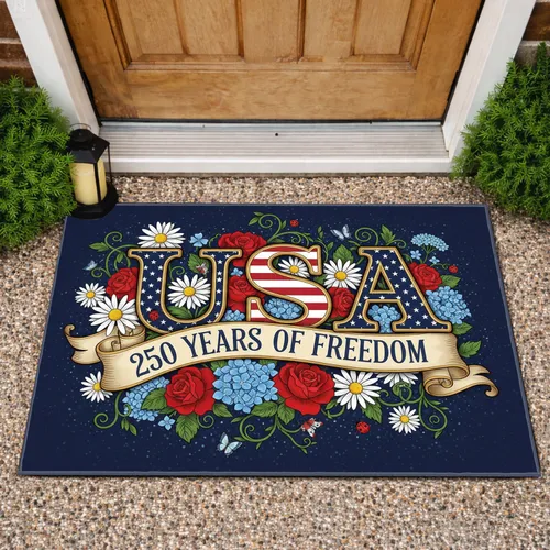 USA Freedom 250 Years Roses Daisies Butterflies - Independence Day Gift for Veterans Doormat