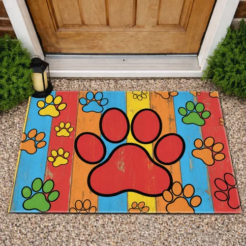 Red Paw Print Painted Wood Planks - Pet Lover Home Decor Gift Doormat